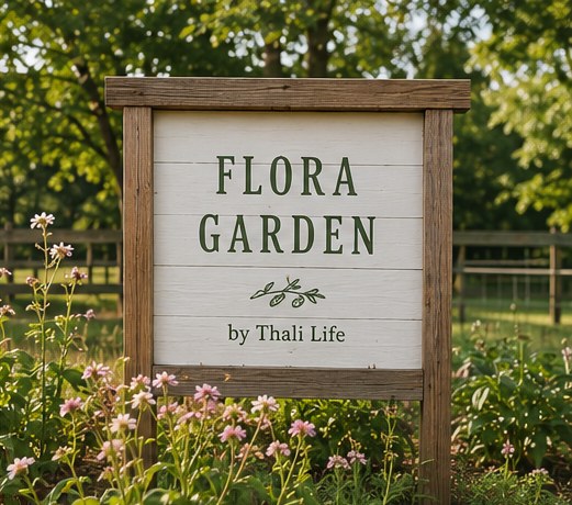 Flora Garden by Thali Life wooden sign in a wildflower garden
